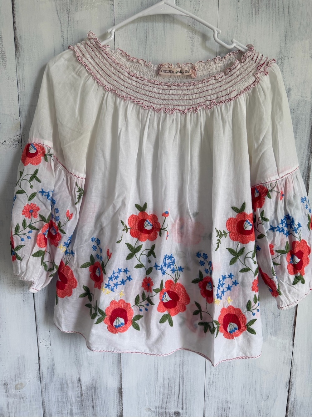 Chelsea & Violet White Boho Blouse with Red Floral Embroidery